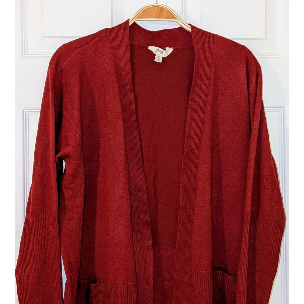 Terra & Sky Womens 0X 14 Red Open Front Cardigan Sweater Long Sleeve Pockets NWT